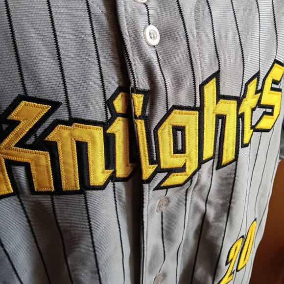 Large Vintage Y2K Knights Baseball Jersey Pinstripe Gray Yellow Sewn Letters - Picture 3 of 7